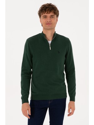 U.S. Polo Assn. Erkek Slim Fit Yarım Fermuarlı Koyu Yeşil Basic Kazak 50313695-VR079