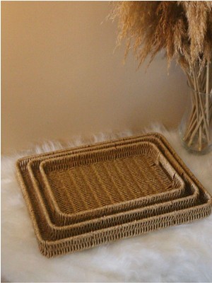 Paganca 3lü Hasır Rattan Sunum Tepsi Organizer Dikdörtgen