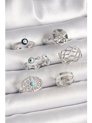 Skygo Pirinç Gümüş Renk Nazar Boncuk Zirkon Taş Detaylı Dalga Figür Kadın Yüzük Kombini - TJ-BYK3653