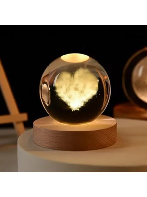 Pearl Shop Kristal Cam Küre LED Işıklı USB Kablolu Ahşap Stantlı Gece Lambası Dekoratif Hediyelik (Kalp)