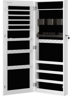 Pearl Shop Asma Mücevher Dolabı, Asma Dolap, Kilitlenebilir Aynalı Dolap, Çerçevesiz Tam Boy Aynalı Duvar Dolabı ve 2 Ayrı Makyaj Malzemeleri Düzenleyicili, Kolyeler, Küpeler Için, Beyaz JJC001W01