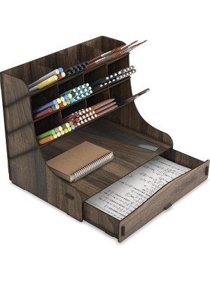 Pearl Shop Chamber 12 Gözlü Büyük Boy Masaüstü Kalemlik Düzenleyici, Masaüstü Organizer Çekmeceli A4 Evrak Rafı (Ceviz)