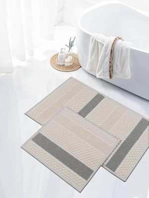 Pearl Shop Evilla Naturel Pamuklu Kilim Yıkanabilir Banyo Paspası Seti 2'li Klozet Takımı 60X100-50X60CM 7021 Bej
