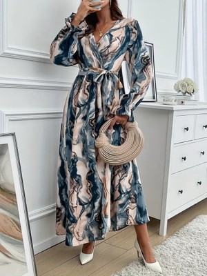 Nidam Butik Kadın Uzun Kollu Kruvaze Yakalı Beli Kuşaklı Desenli Süprem Maxi Elbise