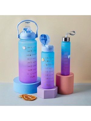 Pearl Shop 11918 Misale Dereceli ve Su Içme Saatli Motivasyonel 3 Lü Su Matarası Tritan Suluk Mavi