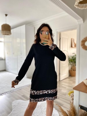 Moderie Butik Kadın Uzun Kollu Bisiklet Yaka Şerit Leopar Desenli Dalgıç Elbise