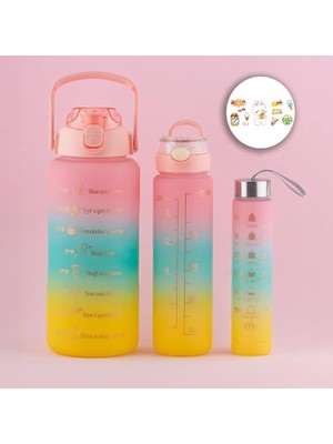 Pearl Shop 11918 3 Lü Motivasyon Stickerlı Kokusuz Spor Su Matarası - Su Şişesi - Renkli Suluk Pembe