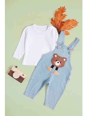 FullaModa %100 Pamuk Ayıcık Nakışlı Bebek Salopet Takım