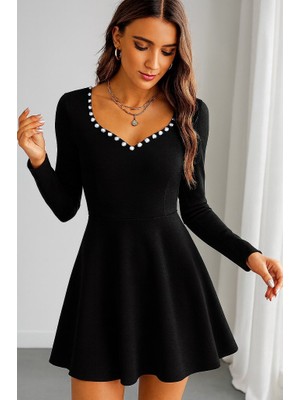 Arben Boutique Kadın Uzun Kollu Inci Yakalı Kısa Ithal Krep Elbise