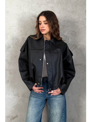 Modaplaza Kadın Oversıze Altı Lastikli Deri Mont 1055