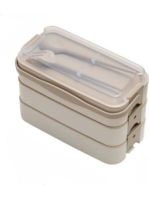 Pearl Shop Home 1260 ml 3 Katlı 6 Bölmeli Bpa'sız Pp Plastik Sefer Taşıma ve Beslenme Çantası, Kilitli Bento Lunch Box, Mikrodalgaya Uygun, Çatal ve Kaşık Dahil (Krem)
