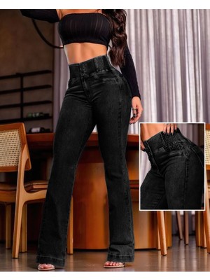 Nidam Butik Kadın Yüksek Bel Yanları Lastik Önü Düğmeli Kot Pantolon