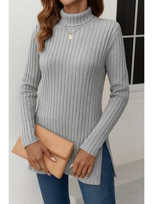 Arben Boutique Kadın Uzun Kollu Balıkçı Yaka Yandan Yırtmaçlı Şardonlu Kaşkorse Bluz