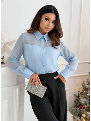 Aisha Elbise Kadın Uzun Kollu Yakalı Önden Düğmeli Tül Detaylı Dokuma Viskon Bluz