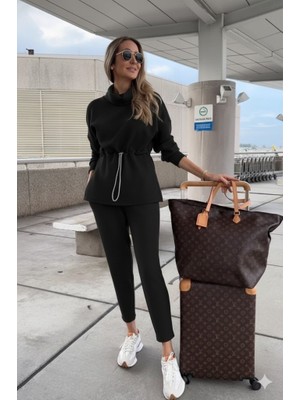 Tua Moda Kadın Uzun Kollu Balıkçı Yaka Belden Lastikli Modal Bluz ve Pantolon Ikili Takım