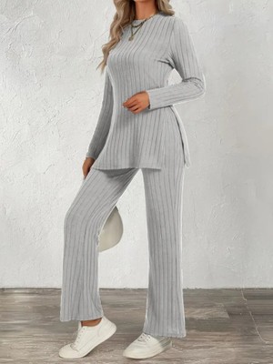 Gökyüzü Moda Kadın Uzun Kollu Bisiklet Yaka Yandan Yırtmaçlı Şardonlu Kaşkorse Bluz ve Pantolon Ikili Takım