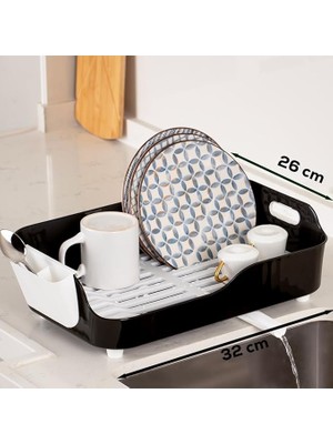 Pearl Shop AKL-060 Siyah Lüks Tabaklık Bulaşıklık-Yönlendirilebilir Su Akıtma Kanallı Bulaşık Sepeti-Kaşıklıklı