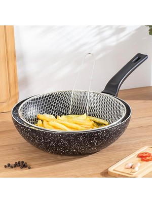 Pearl Shop Yanmaz Yapışmaz Granit Fritöz Sepetli Cips Kızartma Wok Tava 2 Parça 28 cm