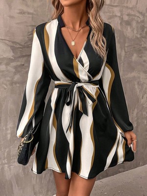 Arben Boutique Kadın Uzun Kollu Kruvaze Yakalı Desenli Modal Mini Elbise