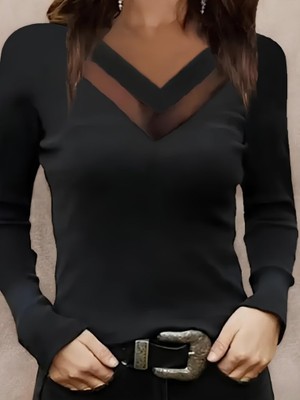 Aisha Elbise Kadın Uzun Kollu V Yakalı Tül Göğüs Dekolte Detaylı Viskon Bluz