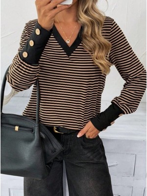 Arben Boutique Kadın Uzun Kollu V Yakalı Desenli Süprem Bluz