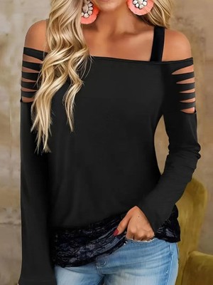 Nidam Butik Kadın Uzun Lazer Kesik Detaylı Askılı Viskon Iki Iplik Bluz