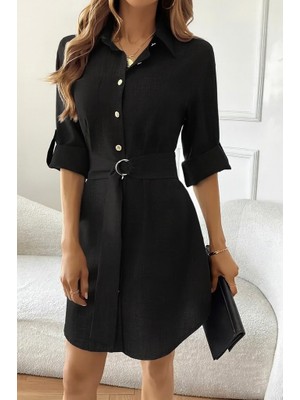 Arben Boutique Kadın Uzun Kollu Yakalı Önden Düğmeli Beli Kuşaklı Mini Ithal Keten Elbise
