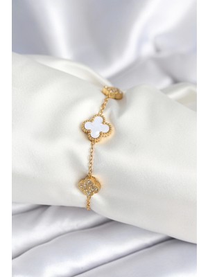 Butik 316L Çelik Zincir Zirkon Taşlı Yonca Beyaz Kadın Bileklik