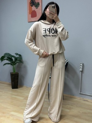 Gökyüzü Moda Kadın Uzun Kollu Nope Baskılı Beli Ribanalı Ikili Takım