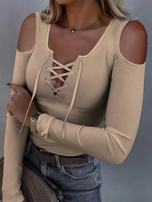 Aisha Elbise Kadın Omuzlardan Açık Uzun Kollu Bağcıklı Kaşkorse Bluz
