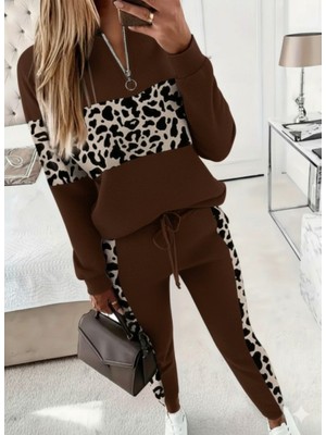 Gökyüzü Moda Kadın Uzun Kollu Fermuarlı Karışık Desenli Viskon Iki Iplik Bluz ve Pantolon Ikili Takım