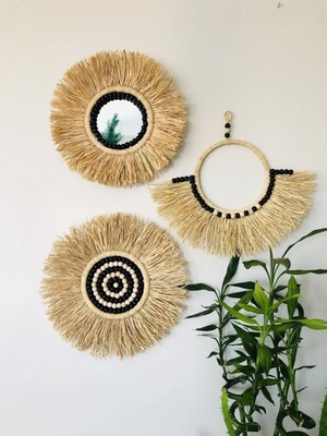 El Yapımı Rafya Duvar Ayna Seti Hasır Ayna Hasır Tabak Bohem Ayna Ahşap Ayna Duvar Süsü