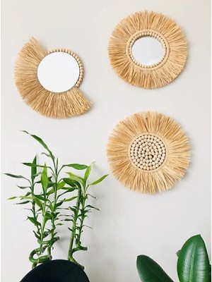 El Yapımı Rafya Duvar Ayna Seti Hasır Ayna Hasır Tabak Bohem Ayna Ahşap Ayna Duvar Süsü