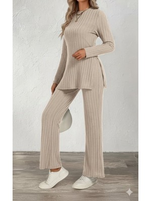 Tua Moda Kadın Uzun Kollu Bisiklet Yaka Yandan Yırtmaçlı Şardonlu Kaşkorse Bluz ve Pantolon Ikili Takım