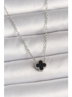 Skygo 316L Çelik Gümüş Renk Siyah Yonca Model Kadın Kolye - TJ-BKO10022