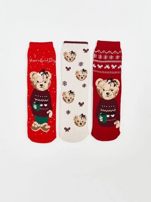 LC Waikiki Kaydırmaz Tabanlı Ayı Teddy Desenli Kız Çocuk Havlu Soket Çorap 3'lü  (W5)