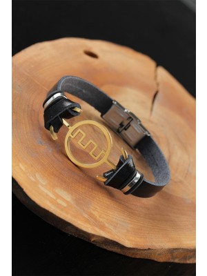 Dktt Gold Renk Metal Labirent Tasarım Siyah Renk Deri Erkek Bileklik - TJ-EB2555-KS