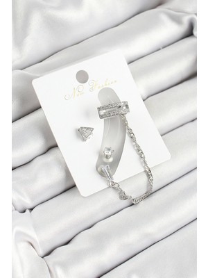 Dktt Pirinç Üçgen Figürlü Zirkon Taşlı Gümüş Renk 3'lü Kıkırdak Kadın Küpe Set - TJ-BKP10658