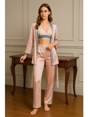 Cherry Queen Kadın Premium Saten Sabahlık ve Pijama Takımı – Pudra Pembe, Dantelli Braletli 3’lü Set