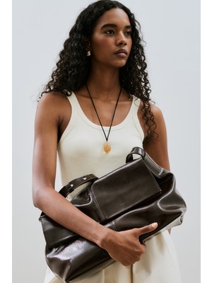 Manuka Kapaklı Tote Deri Çanta Kahverengi