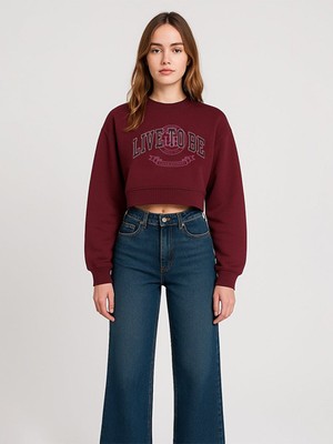 LTB Bisiklet Yaka Önü Baskılı Crop Kırmızı Sweatshırt