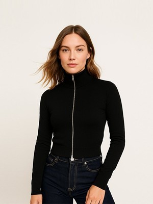 LTB Uzun Kollu Önü Fermuarlı Basıc Siyah Hırka