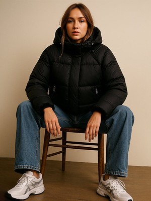 LTB Kapüşonlu Fermuarlı Şişme Siyah Mont