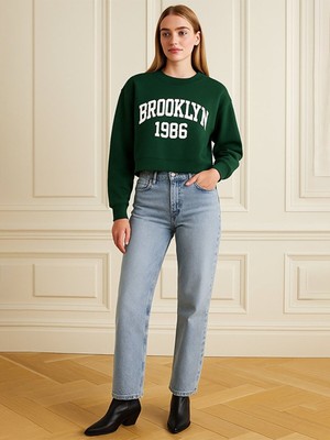 LTB Uzun Kollu Bisiklet Yaka Slogan Baskılı Yeşil Sweatshırt