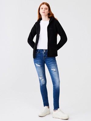 LTB Fermuarlı Regular Kapüşonlu Polar Düz Fit Siyah Sweatshırt