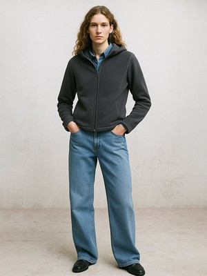 LTB Fermuarlı Regular Kapüşonlu Polar Düz Fit Gri Sweatshırt