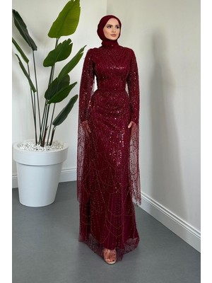Merven Akyüz Eloria Pelerinli Boncuk Işlemeli Abiye Bordo