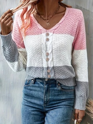 Arben Boutique Kadın Uzun Kollu V Yakalı Önden Düğmeli Çok Renkli Bluz