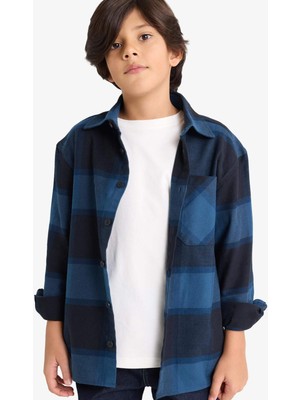 DeFacto Oversize Geniş Kalıp Polo Yaka Kareli Flanel Uzun Kollu Gömlek Erkek Çocuk G3461A825WN