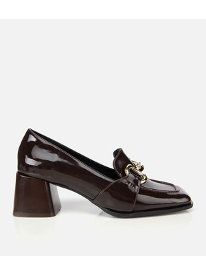 Hotiç 01AYH314750A480 KADIN  Rugan Kahverengi Tokalı Kare Uçlu Topuklu Klasik Loafer